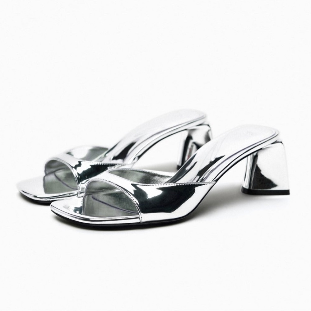 Silver Metallic block heel slide sandals